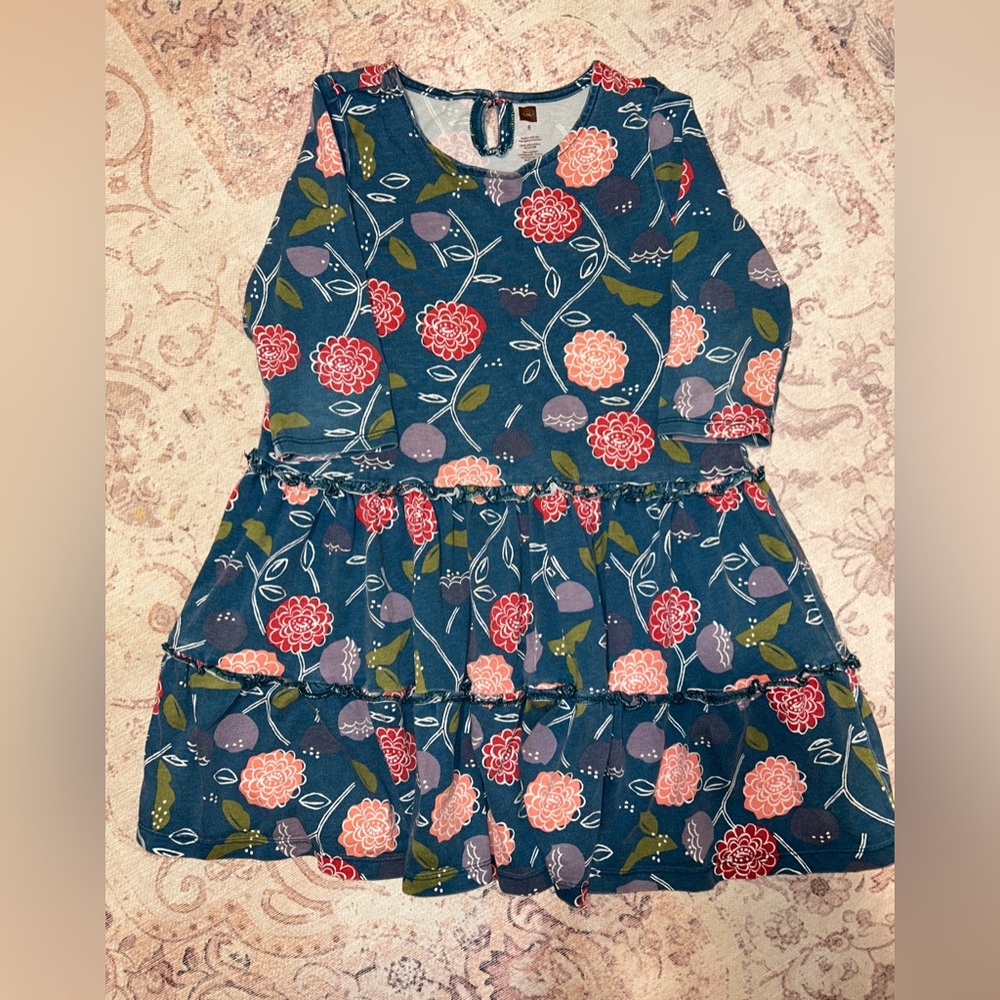 Tea Collection Floral Tiered Twirl Dress, Long Sleeve (Size 6)